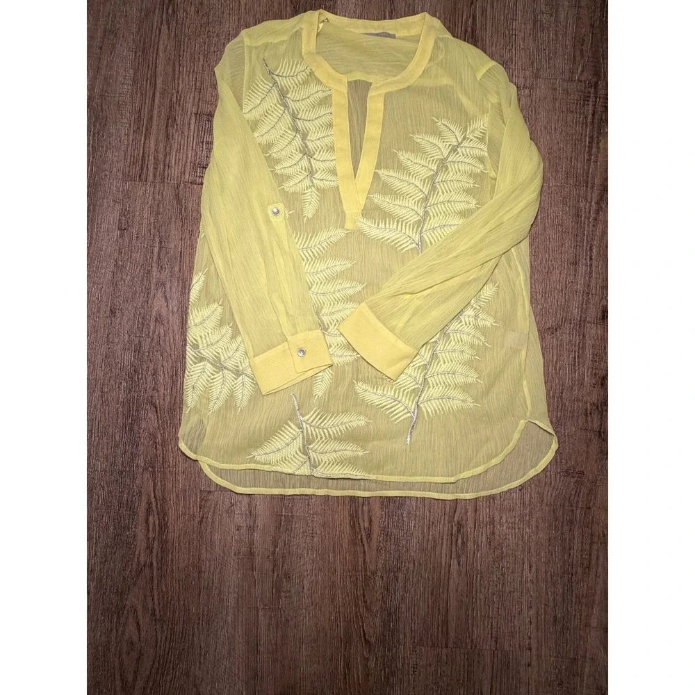 Joan Vass Yellow Fern Embroidered Sheer Tunic Blouse Size M‎ Long Sleeve Tab Top - Picture 3 of 9